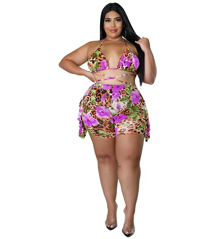 Exotic Floral and Leopard Print Wrap Bikini Set with Ruffle Shorts