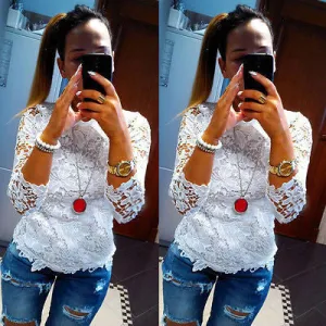 Fashion Women's Ladies Loose Long Sleeve Casual Blouse Shirt Tops Lace Embroidery Blouse