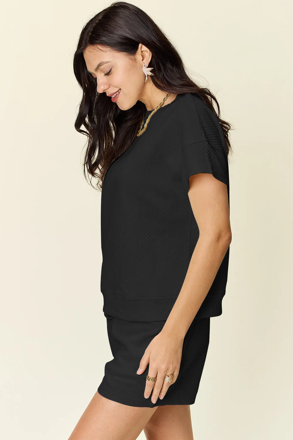 Fiona Full Size Texture Short Sleeve T-Shirt and Drawstring Shorts Set