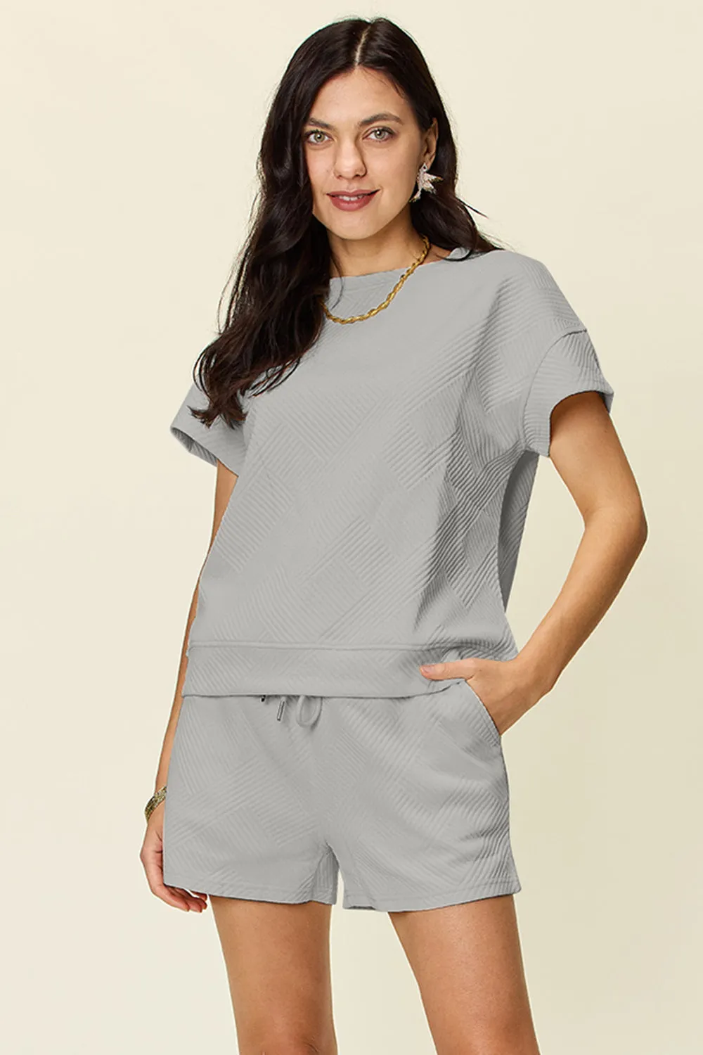 Fiona Full Size Texture Short Sleeve T-Shirt and Drawstring Shorts Set