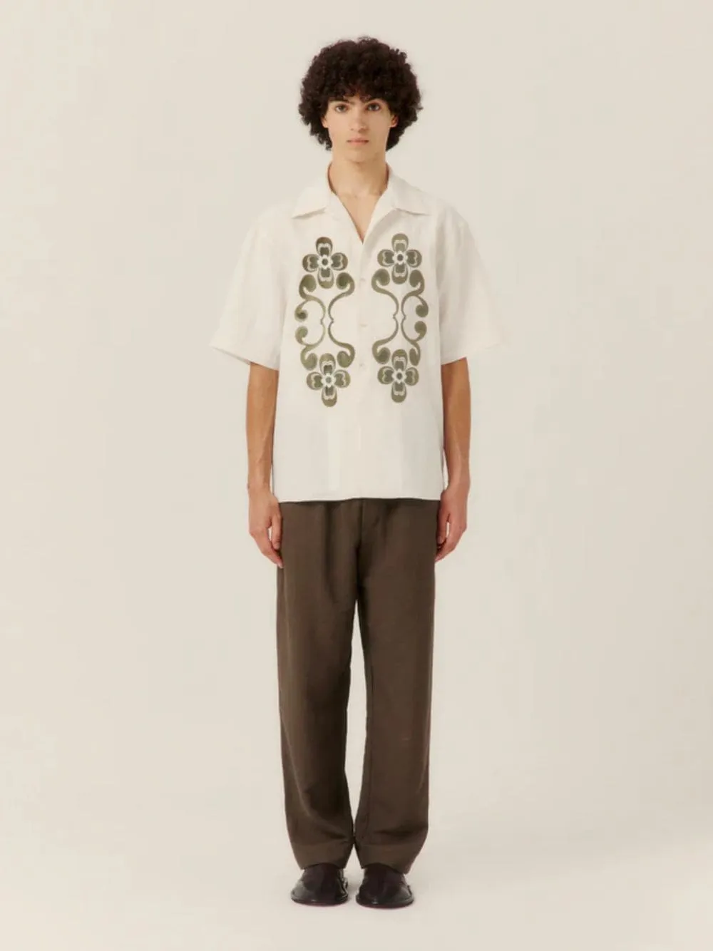 Flax and Green Reflection Embroidered Oversized Shirt