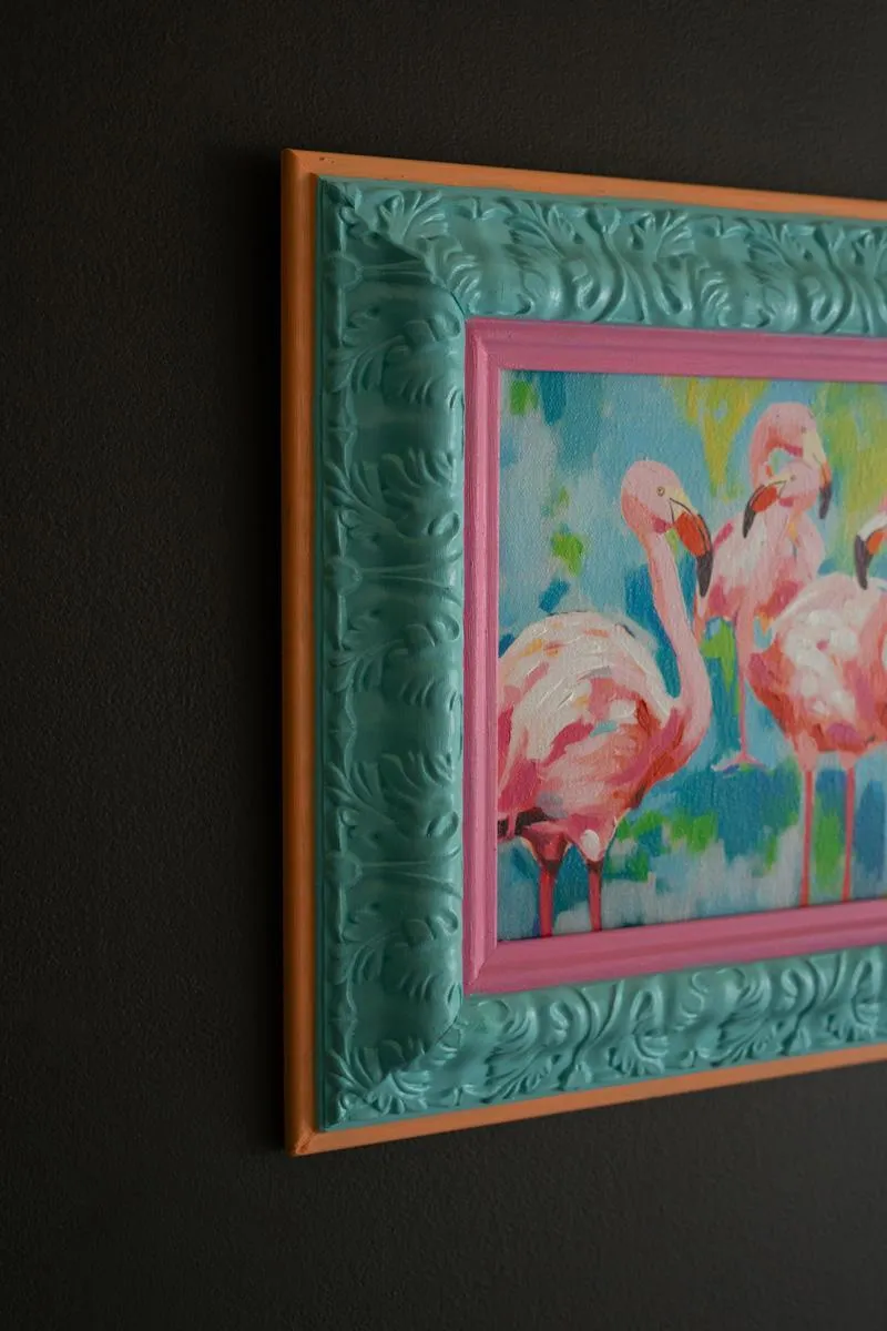 Framed Blue, Pink and Orange Flamingos