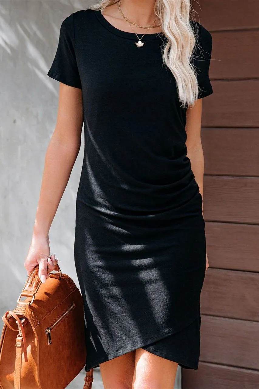 Francesca Short Sleeve Ruched Knit Dress - Black