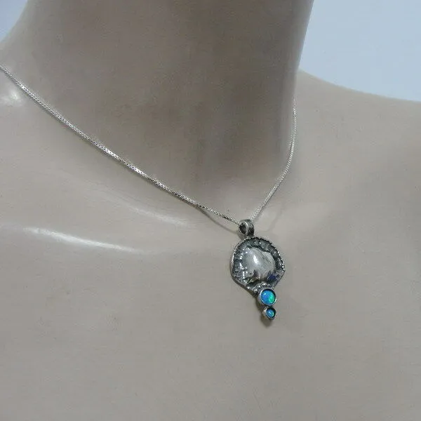 Hadar Designers blue opal pendant chain necklace 925 sterling silver handmade (H