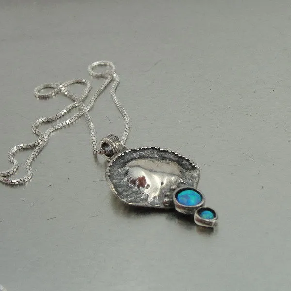 Hadar Designers blue opal pendant chain necklace 925 sterling silver handmade (H