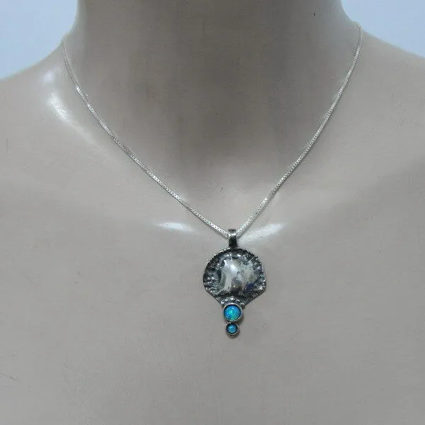 Hadar Designers blue opal pendant chain necklace 925 sterling silver handmade (H