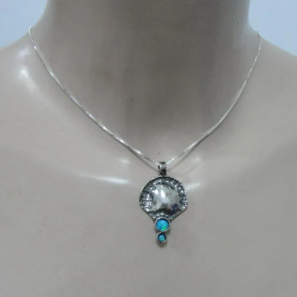 Hadar Designers blue opal pendant chain necklace 925 sterling silver handmade (H