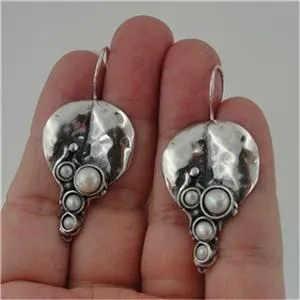 Hadar Designers Handmade Art 925 Sterling Silver Drop Pearl Earrings (H 2663)