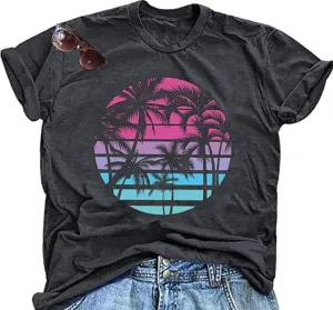 Hawaiian Shirts for Women Palm Trees Beach Graphic Tee
