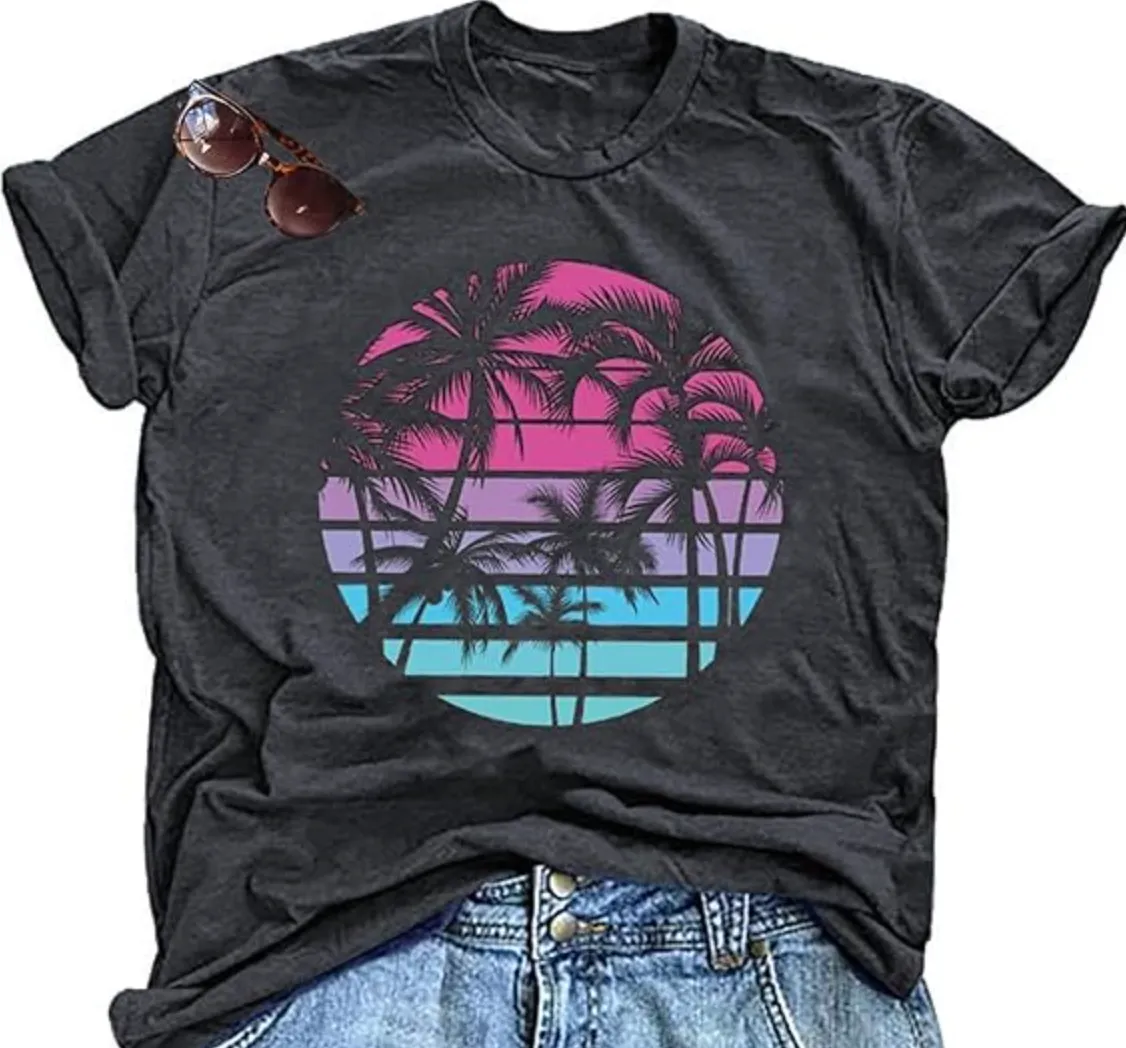 Hawaiian Shirts for Women Palm Trees Beach Graphic Tee