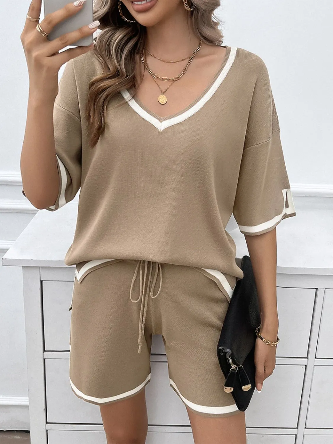 Hazel Blues® |  Contrast Trim V-Neck Top and Shorts Set