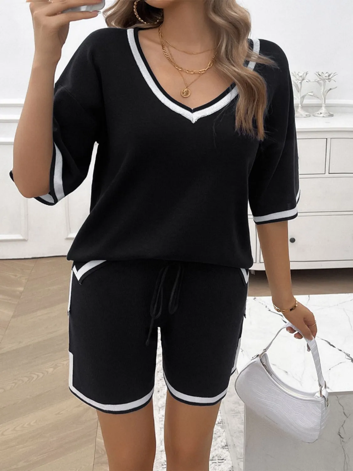 Hazel Blues® |  Contrast Trim V-Neck Top and Shorts Set