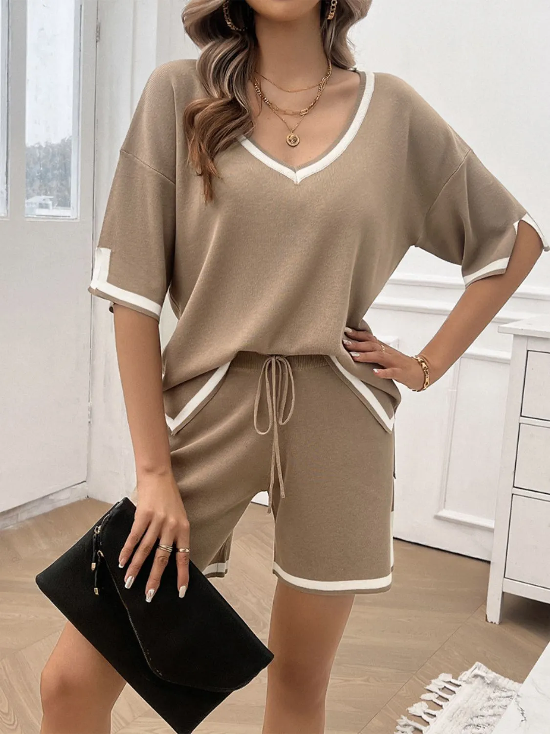 Hazel Blues® |  Contrast Trim V-Neck Top and Shorts Set