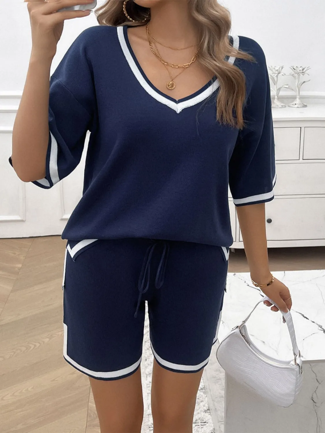 Hazel Blues® |  Contrast Trim V-Neck Top and Shorts Set