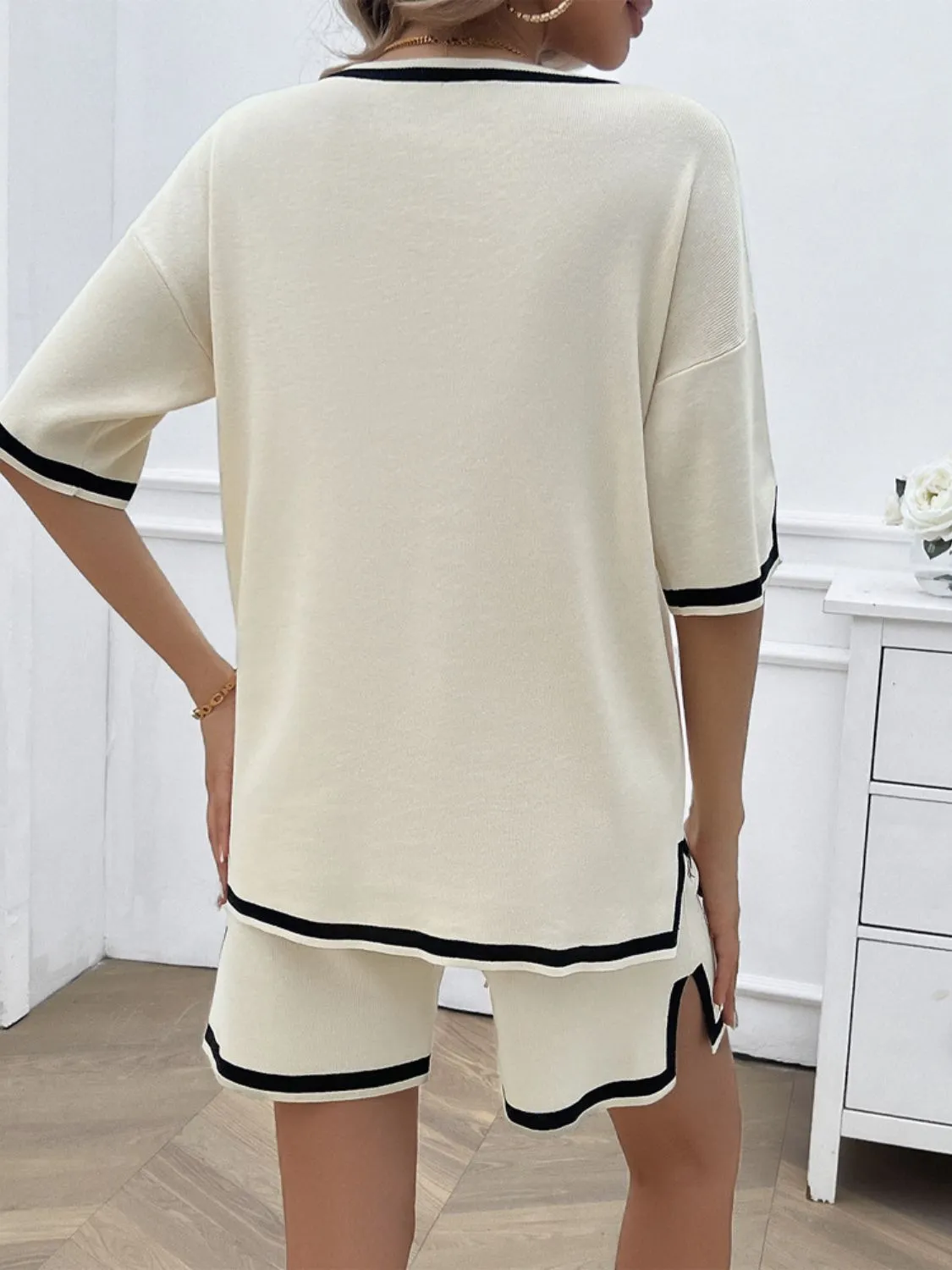 Hazel Blues® |  Contrast Trim V-Neck Top and Shorts Set