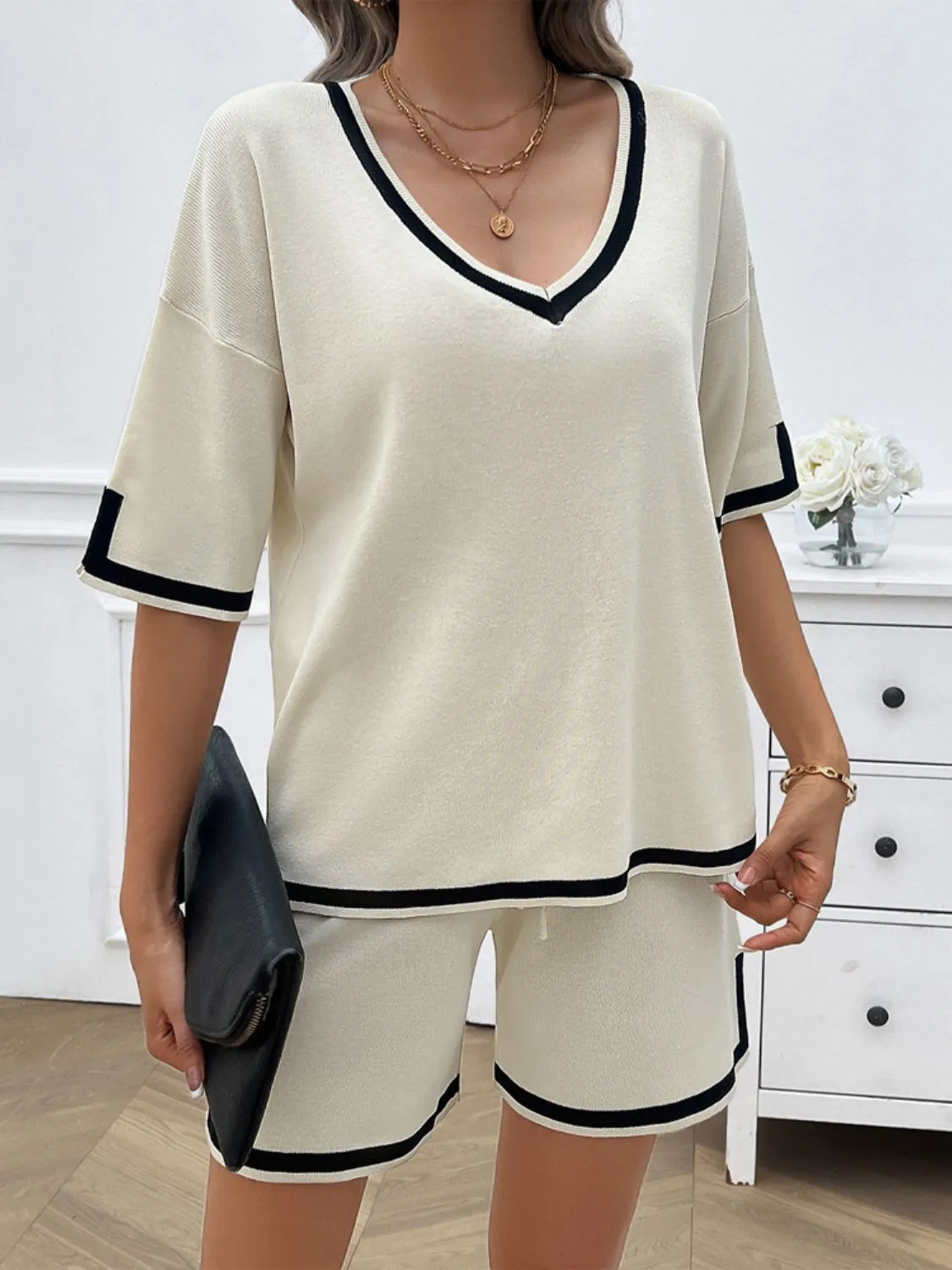 Hazel Blues® |  Contrast Trim V-Neck Top and Shorts Set