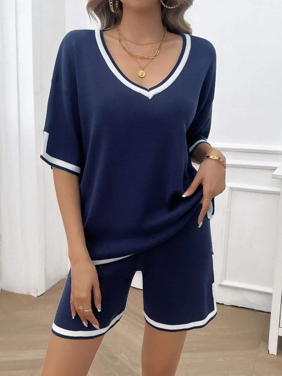 Hazel Blues® |  Contrast Trim V-Neck Top and Shorts Set