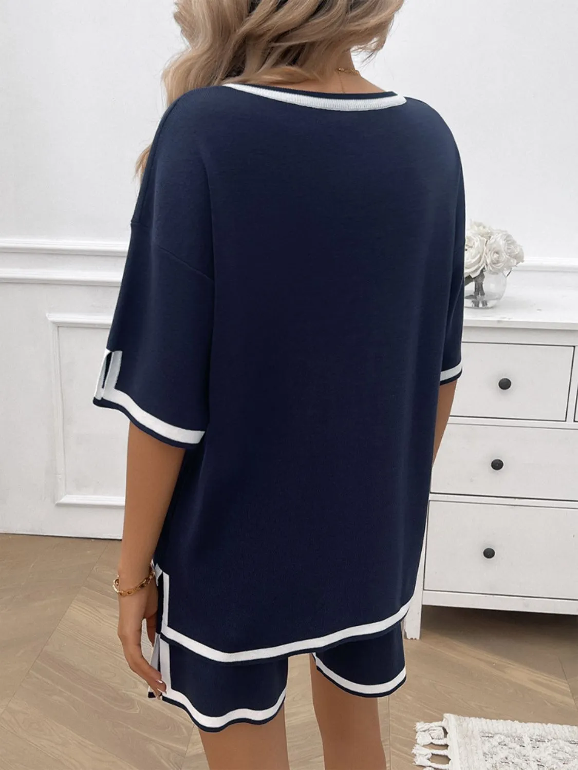 Hazel Blues® |  Contrast Trim V-Neck Top and Shorts Set