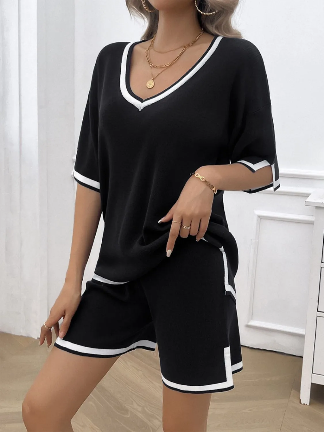 Hazel Blues® |  Contrast Trim V-Neck Top and Shorts Set