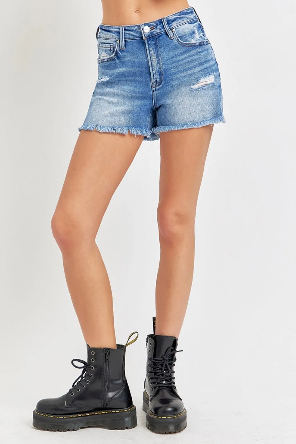 Hazel Blues® |  RISEN High Rise Distressed Raw Hem Denim Shorts
