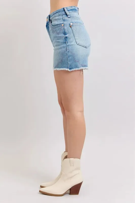 High Waist Western Embroidery Detail Cut Off Denim Shorts