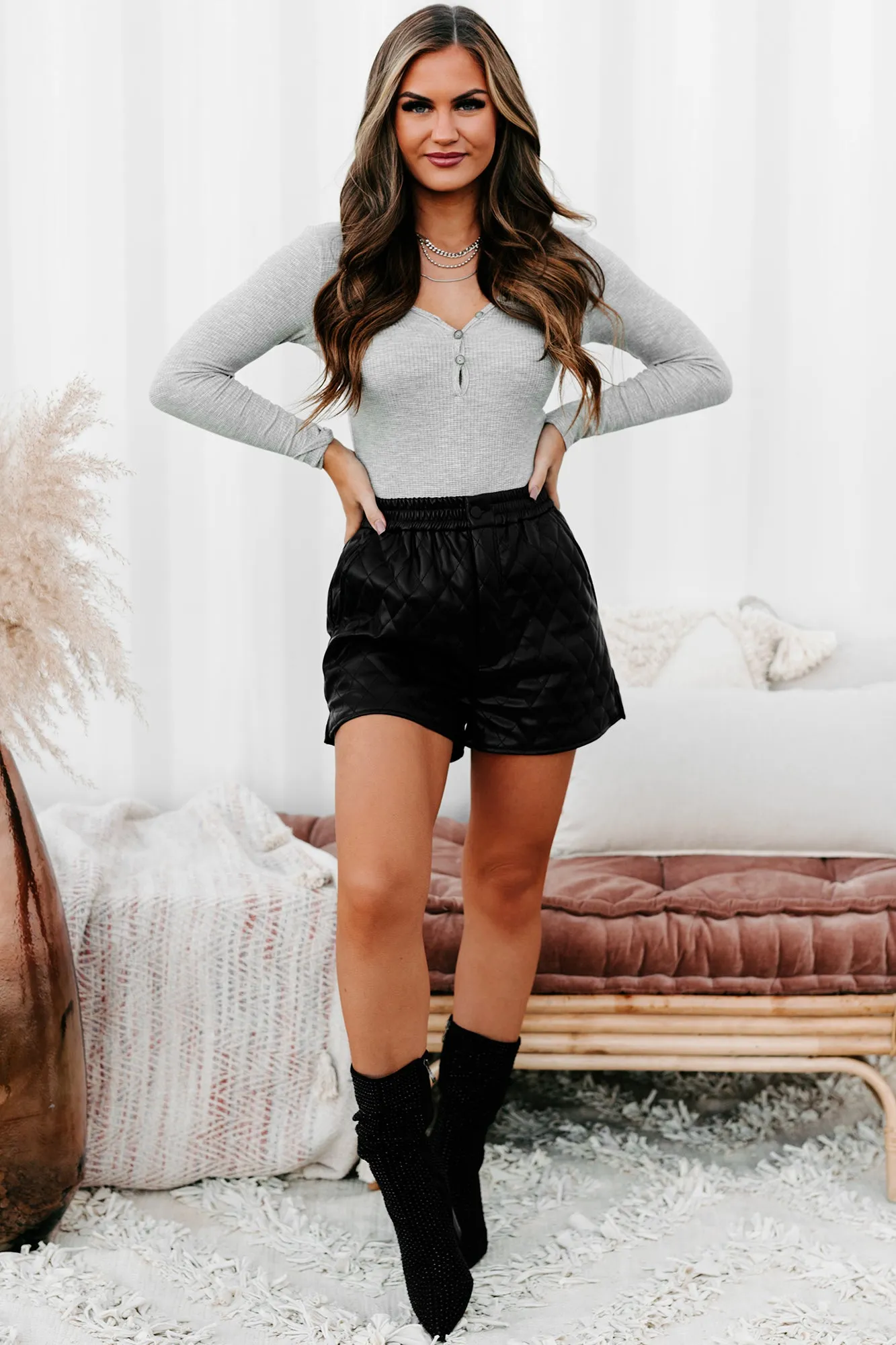 Hoda Long Sleeve Henley Bodysuit (Heather Grey)