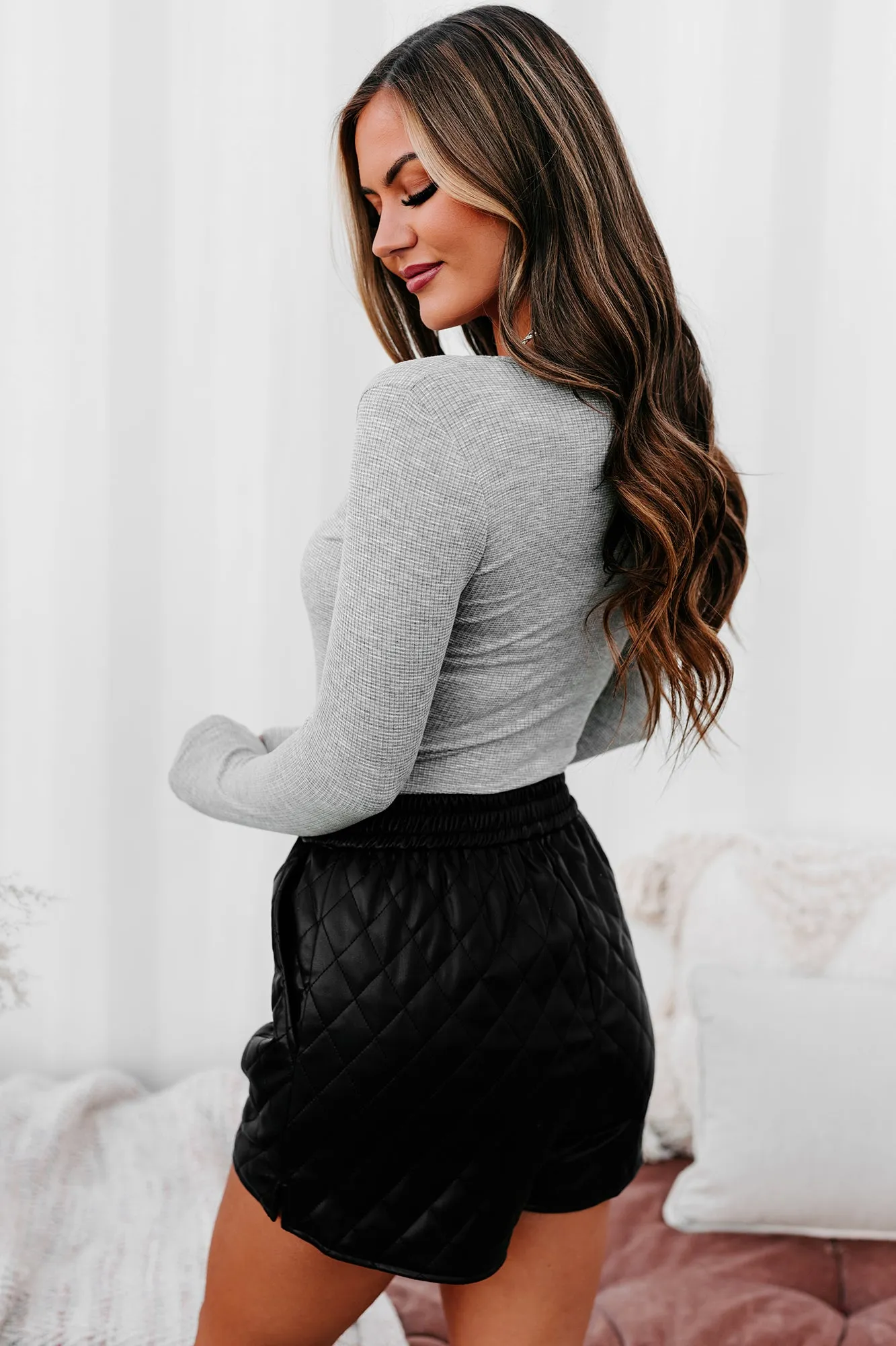 Hoda Long Sleeve Henley Bodysuit (Heather Grey)