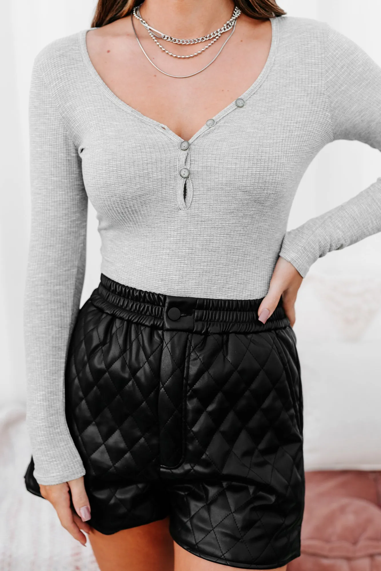 Hoda Long Sleeve Henley Bodysuit (Heather Grey)