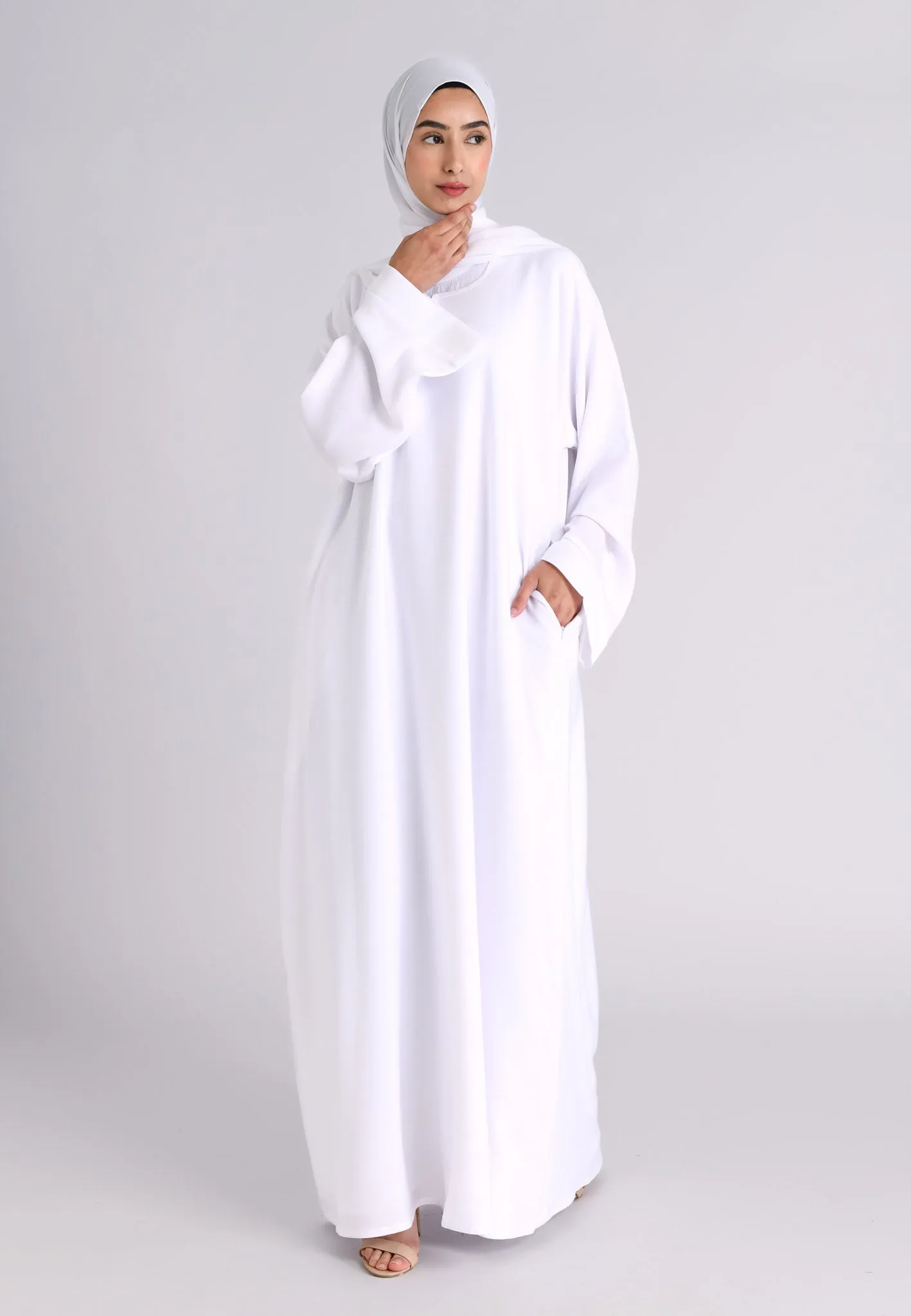 Ivory White Textured Abaya With Pockets (Premium)