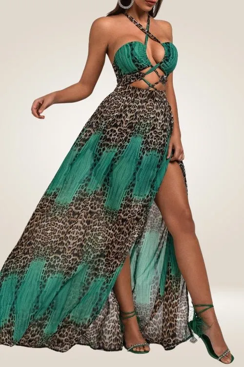 Jennifer Green Leopard Print Cut Out Maxi Dress