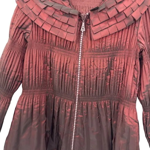 Jerry T Womens Pleated Burgundy Jacket With Unique Collar &amp; Flared Sleeves Size