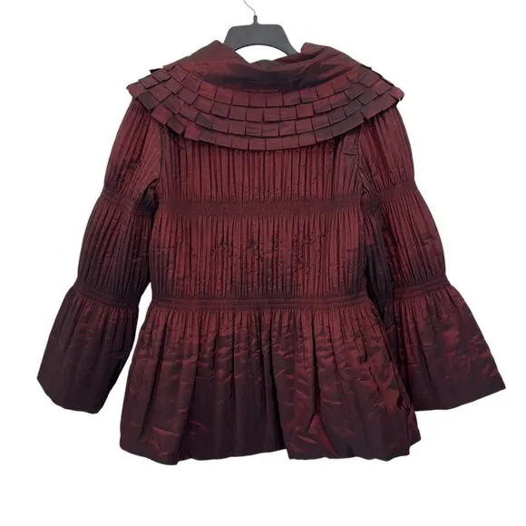 Jerry T Womens Pleated Burgundy Jacket With Unique Collar &amp; Flared Sleeves Size