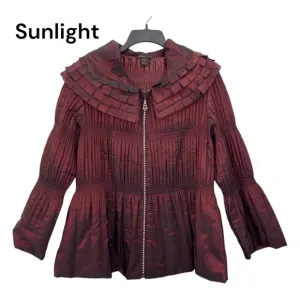 Jerry T Womens Pleated Burgundy Jacket With Unique Collar &amp; Flared Sleeves Size
