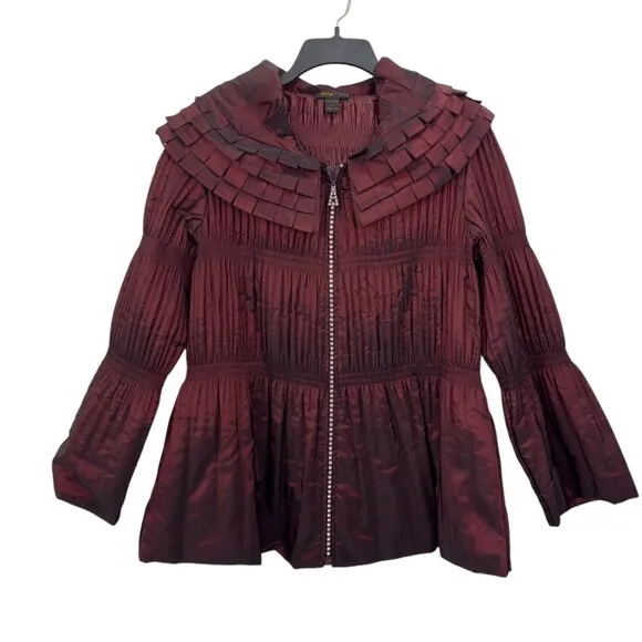 Jerry T Womens Pleated Burgundy Jacket With Unique Collar &amp; Flared Sleeves Size