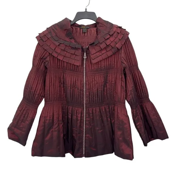 Jerry T Womens Pleated Burgundy Jacket With Unique Collar &amp; Flared Sleeves Size