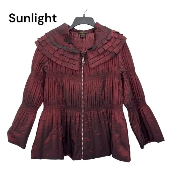 Jerry T Womens Pleated Burgundy Jacket With Unique Collar &amp; Flared Sleeves Size