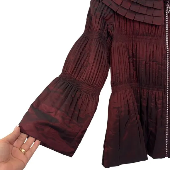 Jerry T Womens Pleated Burgundy Jacket With Unique Collar &amp; Flared Sleeves Size