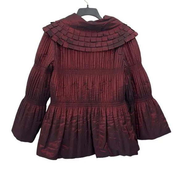 Jerry T Womens Pleated Burgundy Jacket With Unique Collar &amp; Flared Sleeves Size