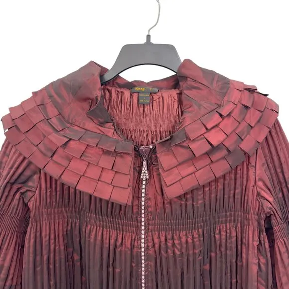 Jerry T Womens Pleated Burgundy Jacket With Unique Collar &amp; Flared Sleeves Size
