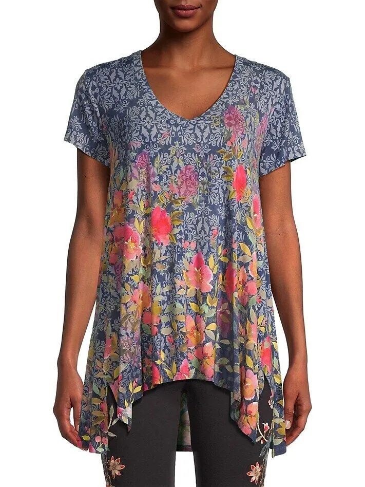Johnny Was Locust Drape Tee Swing Shirt Blue Pink Flowers Top Floral Medium NEW