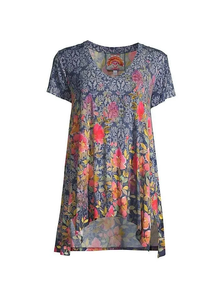 Johnny Was Locust Drape Tee Swing Shirt Blue Pink Flowers Top Floral Medium NEW