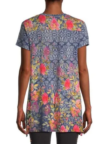 Johnny Was Locust Drape Tee Swing Shirt Blue Pink Flowers Top Floral Medium NEW