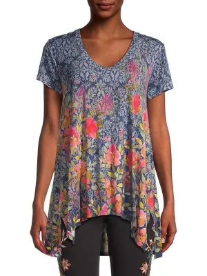 Johnny Was Locust Drape Tee Swing Shirt Blue Pink Flowers Top Floral Medium NEW