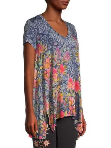 Johnny Was Locust Drape Tee Swing Shirt Blue Pink Flowers Top Floral Medium NEW