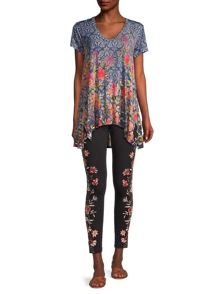 Johnny Was Locust Drape Tee Swing Shirt Blue Pink Flowers Top Floral Medium NEW