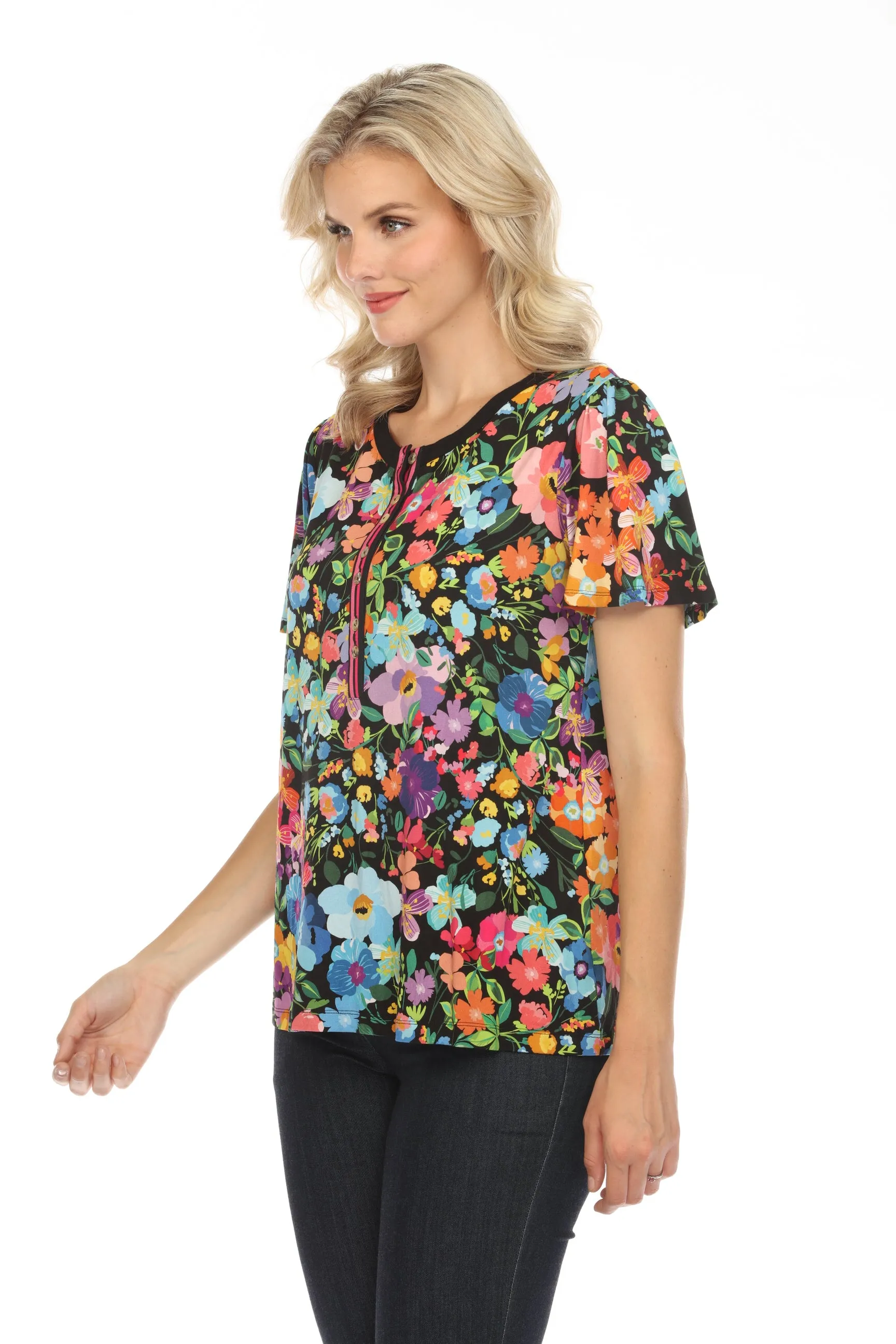 Johnny Was The Janie Wild Bloom Favorite Flutter Sleeve Henley Tee Boho Chic T17724