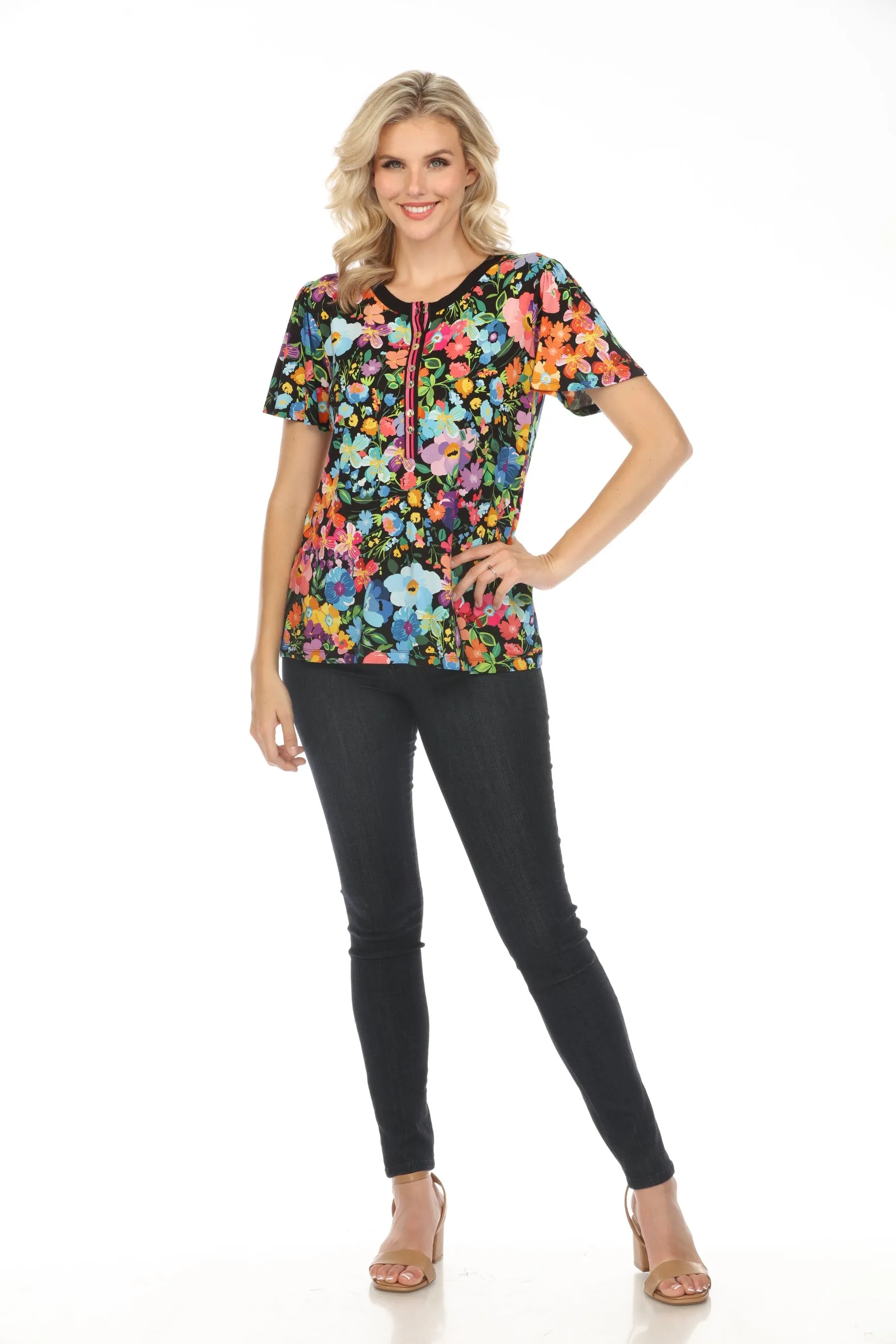 Johnny Was The Janie Wild Bloom Favorite Flutter Sleeve Henley Tee Boho Chic T17724