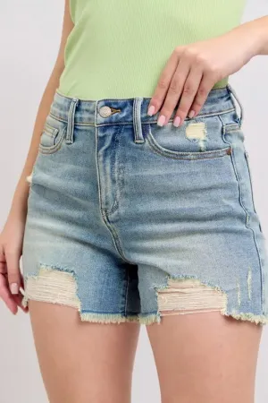 Judy Blue Full Size High Rise Washed Fly Stitch Detail and Destroy Denim Shorts Plus Size