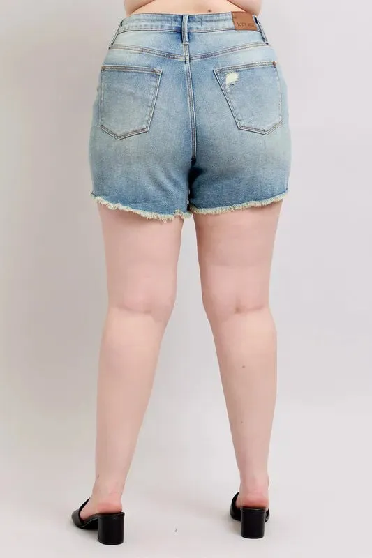 Judy Blue Full Size High Rise Washed Fly Stitch Detail and Destroy Denim Shorts Plus Size