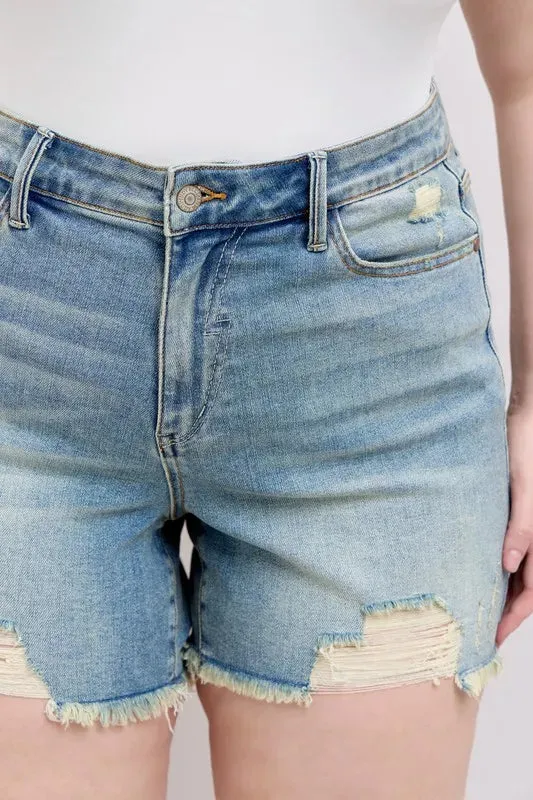 Judy Blue Full Size High Rise Washed Fly Stitch Detail and Destroy Denim Shorts Plus Size